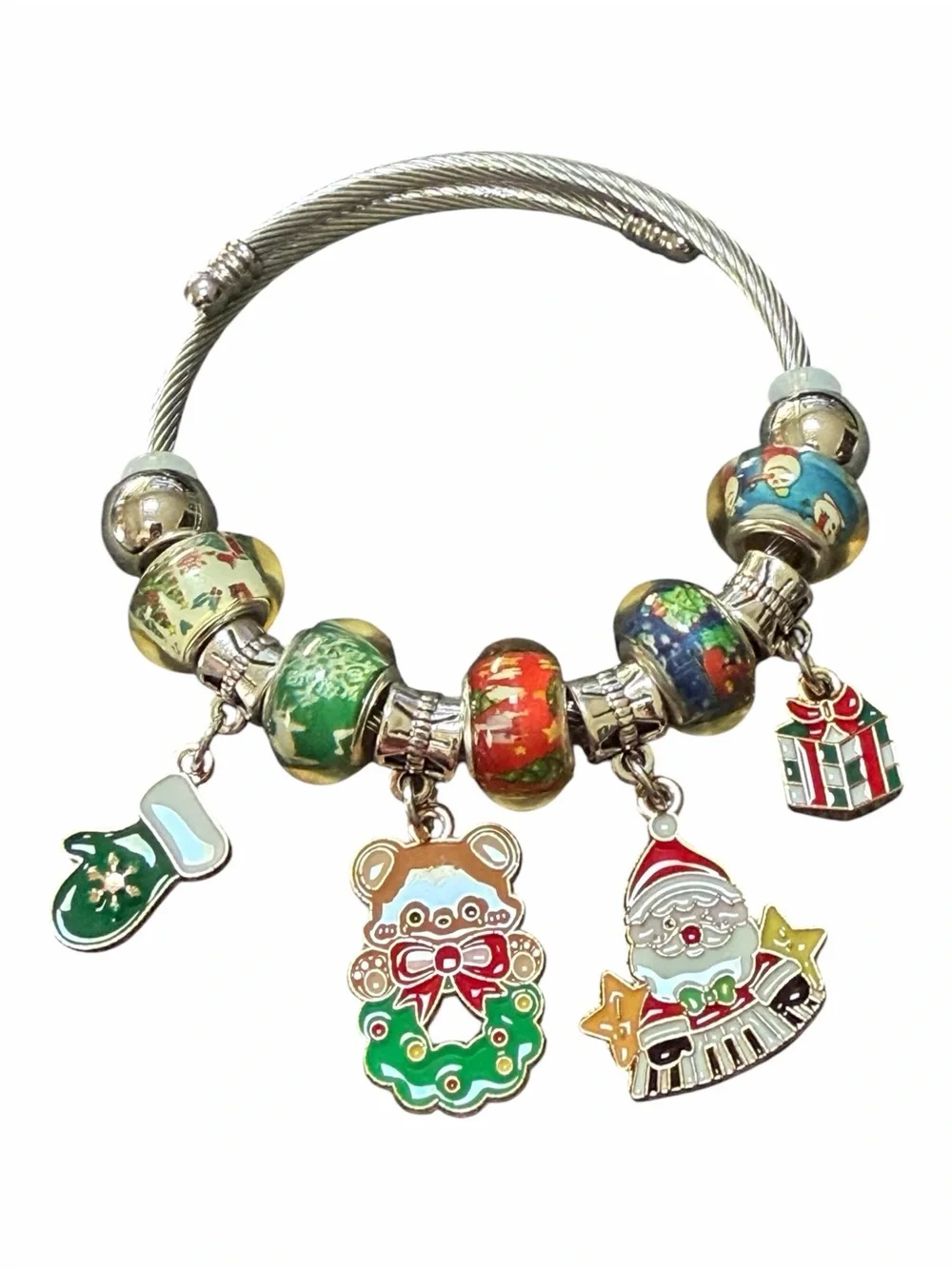 Holiday Charm Adjustable Twisted Silver Bangle with Green and Red Enamel Charms